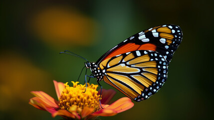 A colorful butterfly perched delicately on a blooming flower, its wings shimmering in the sunlight.