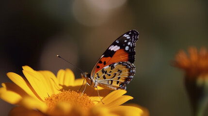 A colorful butterfly perched delicately on a blooming flower, its wings shimmering in the sunlight.