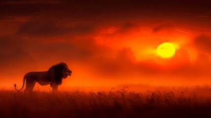   A lion posed in a field as the sun set, casting long shadows; clouds painted the sky above orange and pink