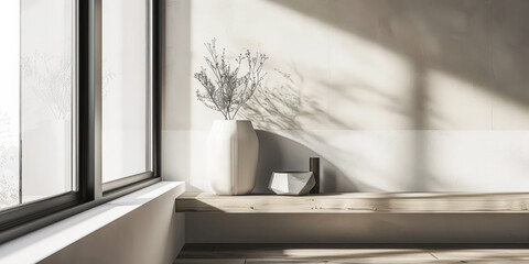 Home interiors composition with natural window light, minimalist decor and earthy tones. Interior design composition.