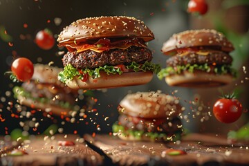 Realistic 3D burgers falling in the air with grilled meat, ultra-realistic icon, detailed angle...
