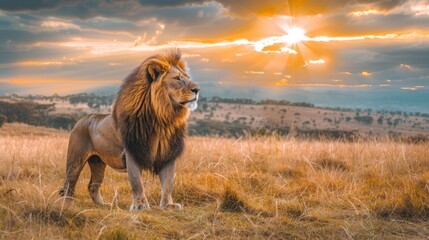  A lion posed in a field's center, sun glinting through clouds overhead, casting golden light upon hilly backdrop - obrazy, fototapety, plakaty