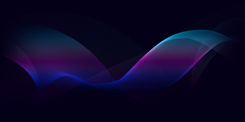 Dark abstract background with a glowing wave. Shiny moving lines design element. Modern purple, blue gradient flowing wave lines. Futuristic technology concept.
