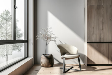 Home interiors composition with natural window light, minimalist decor and earthy tones. Interior design composition.
