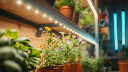 Fototapeta na wymiar Cultivating indoor seedlings with LED lighting and shelves.