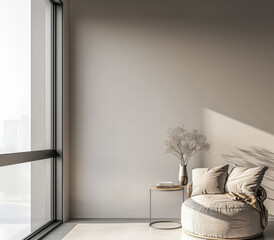 Home interiors composition with natural window light, minimalist decor and earthy tones. Interior design composition.