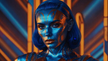 Futuristic woman in fantasy surreal style on a unknown planet in orange and blue colors