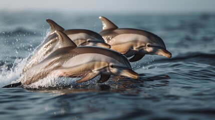Obraz premium A group of dolphins swimming atop the water's surface, with foreground splashes
