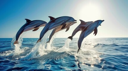   Three dolphins leap from blue waters, sun illuminating their splashes