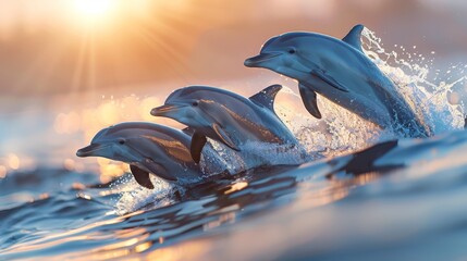   Three dolphins leap from the water against a sun-kissed backdrop