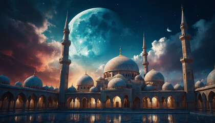 Mysterious Mosque with moon Crescent sky 