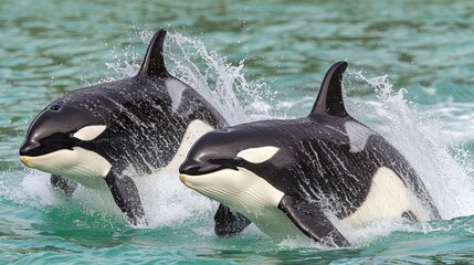   Two orcas, one black and one white, break the water's surface with their heads
