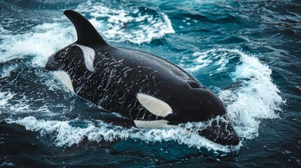 Fototapeta premium A black-and-white orca breaks the water's surface, its head prominent