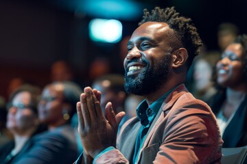 Fototapeta premium A happy African American man clapping while seated in an audience, enjoying the moment