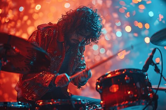 Intense focus of a drummer in action, with details highlighted by deep blue stage lighting and atmospheric effects