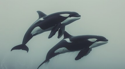   Two orcas swim in the foggy ocean, heads bobbing above the surface - obrazy, fototapety, plakaty