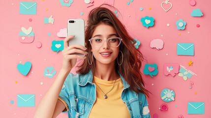 Stylish influencer using a smartphone in trendy environment surrounded by digital icons of likes, comments and follows. Social media background