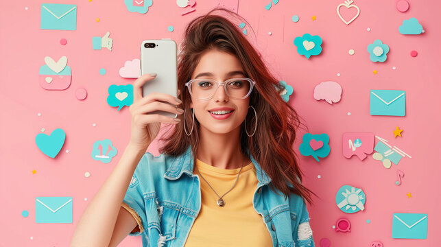 Stylish influencer using a smartphone in trendy environment surrounded by digital icons of likes, comments and follows. Social media background