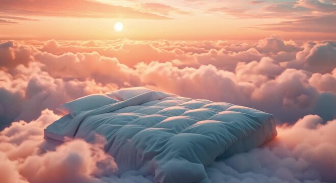 Bed with white blanket at cloudy sunrise in sky. Fantastic place of relax and sleep 