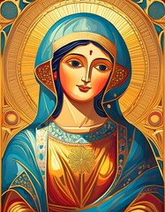 Illustration of the Mother of God on golden background