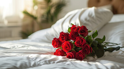 A bouquet of bright red roses on a double bed with white bedding