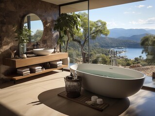 A Serene Morning in a Modern Bathroom Overlooking a Lake