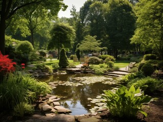 Obraz premium A Serene Pond in a Lush Garden on a Sunny Day