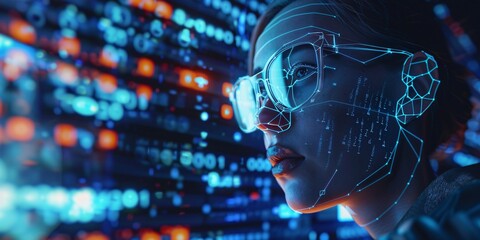 Data analysis technology with a hologram and a woman using a tablet for programming and cybersecurity research under a night sky overlay.