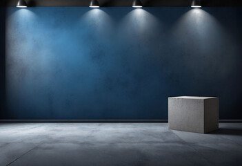 Empty dark blue studio background and grey floor concrete perspective with blue soft light well editing floor display product and text present on wall room empty free