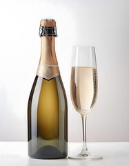 Champagne bottle with a glass on minimalist background