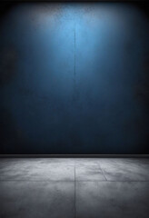 Empty dark blue studio background and grey floor concrete perspective with blue soft light well editing floor display product and text present on wall room empty free