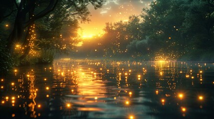 A serene evening by the riverside, where fireflies twinkle like stars in the darkness, casting their gentle light upon the
