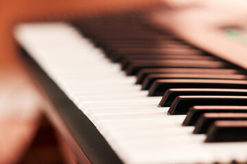 Piano keys, music instrument and closeup for musician, concert and acoustic. Art, jazz and...