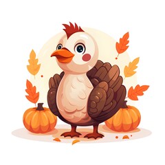 Cute cartoon chicken with pumpkins on autumn background. Vector illustration