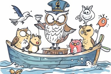 Cartoon cute doodles of a wise old sailor owl imparting valuable maritime wisdom to a curious group of young animals, Generative AI