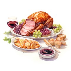 Watercolor Christmas dinner with roasted turkey, wine, fruit and cakes