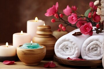 Fototapeta na wymiar Beautiful spa composition by towel, candle and flowers with beauty products