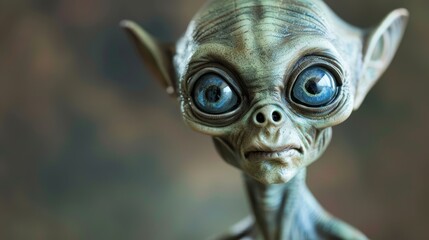   A tight shot of an alien's face with expansive eyes and an enigmatic expression, set against a hazy backdrop