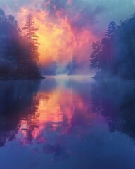 Obraz na płótnie Canvas Magical land, rainbow mist, morning, unicorn sanctuary painting, soft light, magical mist, tranquil haven 