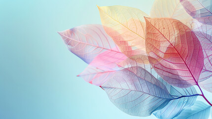 Colorful transparent leaves on a blue pastel background banner with empty  copy space 