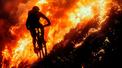  Mountain Biker's Fiery Descent. An intense scene captures a mountain biker's daring ride against a backdrop of a volcanic eruption, where adventure meets the raw power of nature.