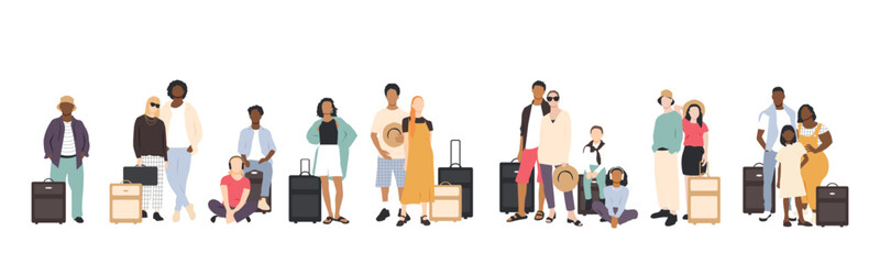 Different people stand with suitcases. Vacation concept.
