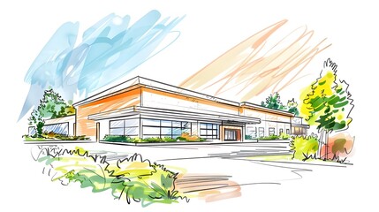 Sketch of a Modern Rehabilitation Facility with Nature Inspired Design and Landscape