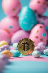 Digital currency physical metal bitcoin coin and Easter eggs.