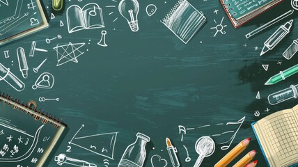 Educational tools and drawings on blackboard - Chalkboard filled with creative, educational sketches symbolizing learning, innovation, and academic exploration