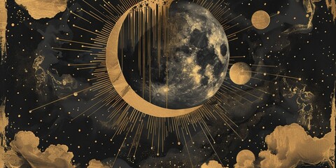 Tarot card style with moon and stars , starry night sky, whimsical beautiful moon and stars illustrations background wallpaper. moon and stars illustration for prints wall arts and canvas.