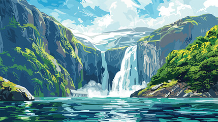 Panoramic view of beautiful waterfall on the Disco  - obrazy, fototapety, plakaty