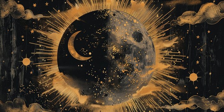 Tarot card style with moon and stars , starry night sky, whimsical beautiful moon and stars illustrations background wallpaper. moon and stars illustration for prints wall arts and canvas.