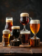 Variety of beers with frothy heads on wood - Portrait orientation of assorted beers, the image spotlights the different shades and frothy heads on a wooden backdrop