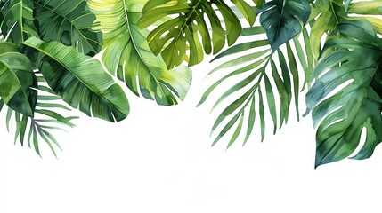 watercolor palm tree leaves frame border on a white background.